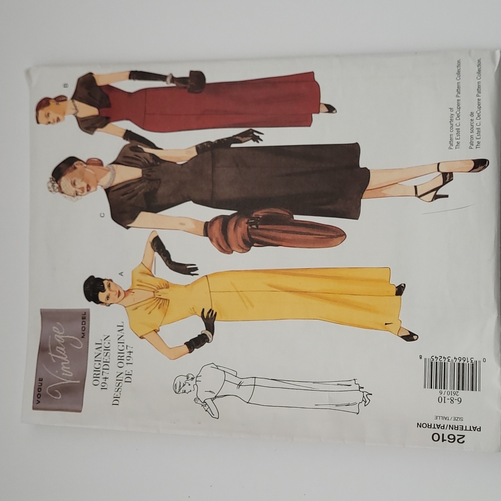 UNCUT Vogue Vintage Model Original 1947 Design Sewing Pattern 2610 Limited Ed